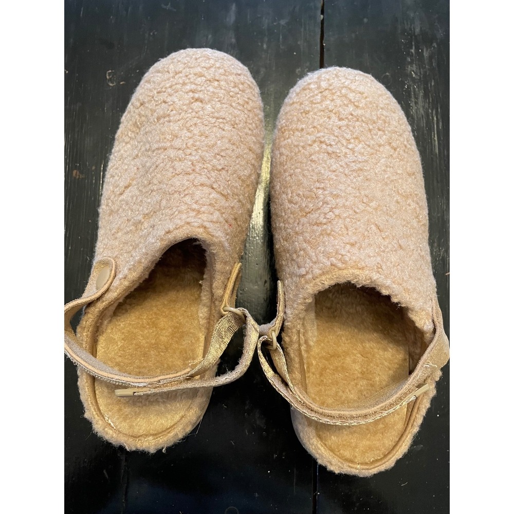 Tan Sherpa Fleece Clogs Faux Fur Lined Platform Mules with Backstrap Size 38